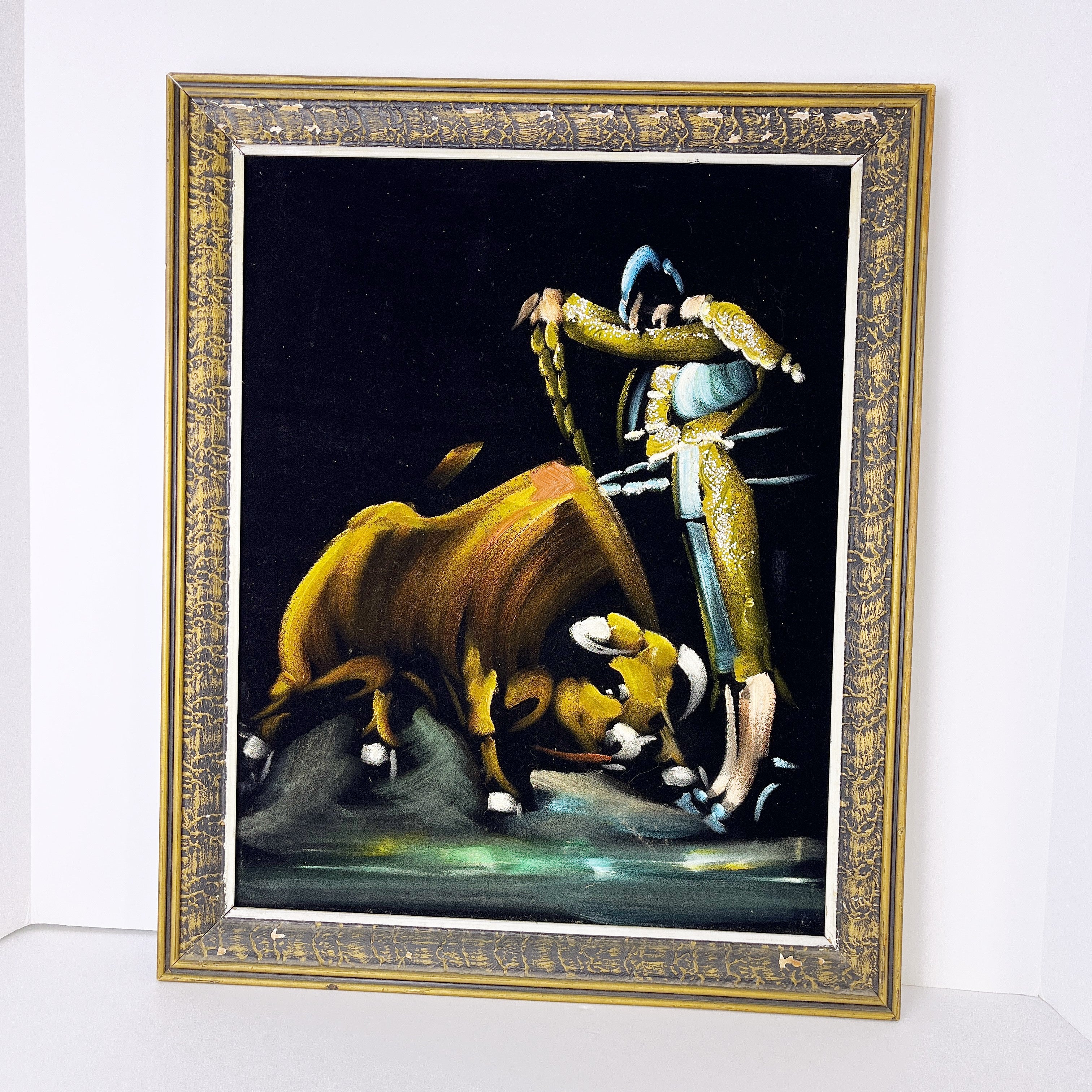 Vintage Matador Bull Fighter Black Velvet Painting Original Frame MCM 20x16